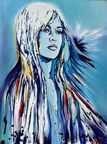 A Chameleon II Blue - Kim Anguiano - 36" x 48" - Mixed Media on Canvas of a woman with long hair.