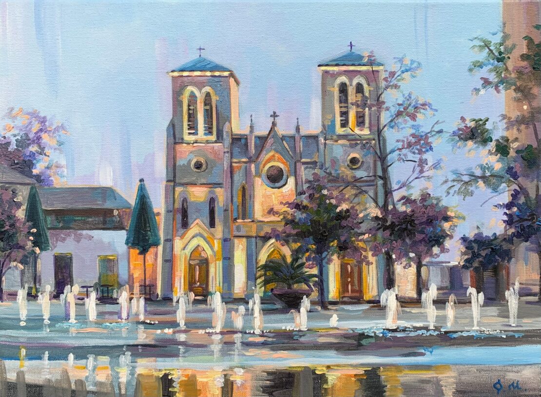 Fall at The San Fernando Cathedral - Olha Mosieieva - 12" x 16" - Oil on Canvas