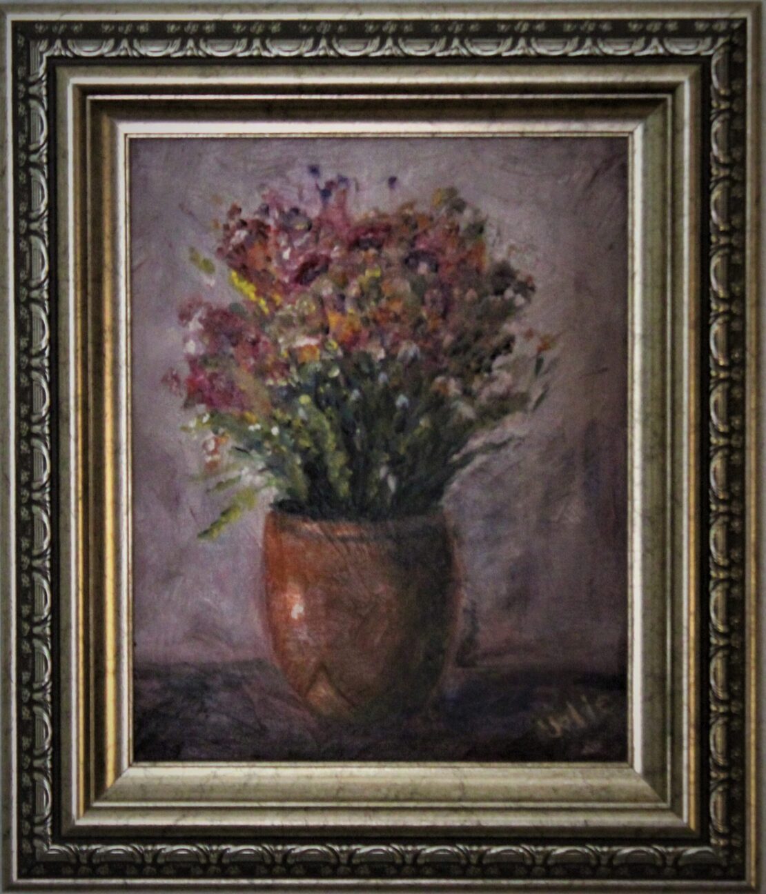 Flowers in a Brown Pot - Yolanda Clifton - 14'' x 12'' - Oil on Canvas