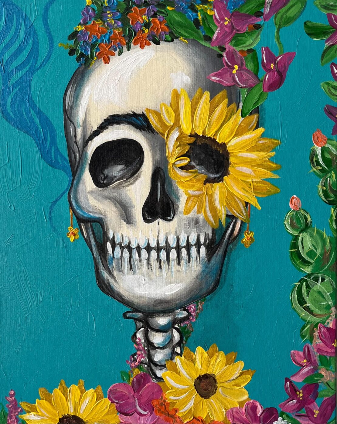 Frida Flower Skull - Jacqueline Reynoso - 20" x 16" - Acrylic on Canvas