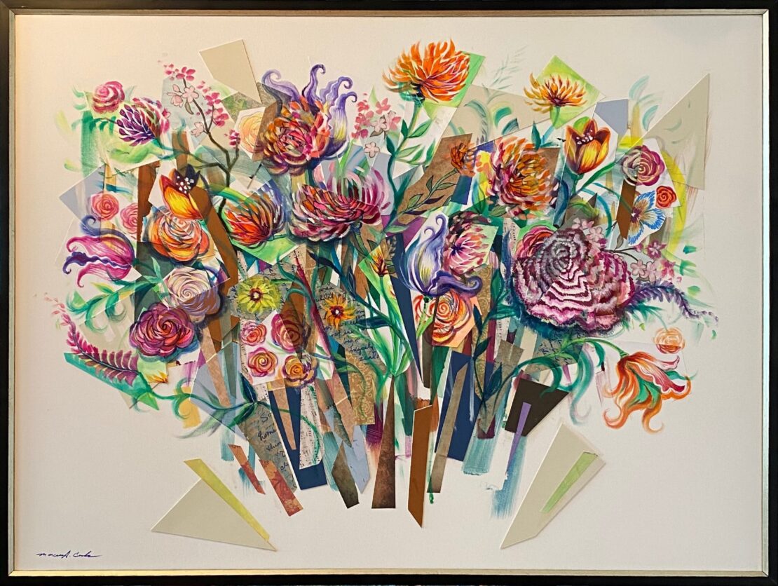 A Memorial Day - Marcus Cerda - 49.5" x 37.5" - Mixed Media on Canvas of a bouquet of flowers on a white background.