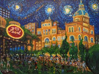 A painting of Starry Night The Pearl - Joao Quiroz - 40" x 30" - Acrylic on Canvas with people walking around.