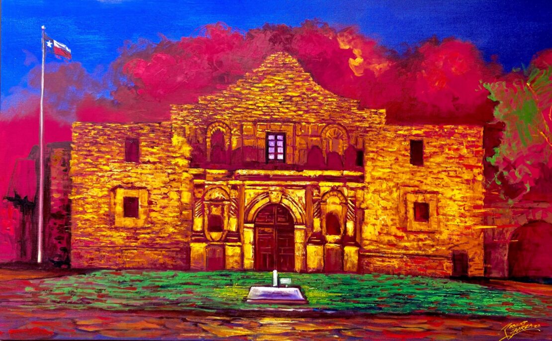 Red Night Alamo - Robert Garza - 30" x 48" - Acrylic & Oil Canvas