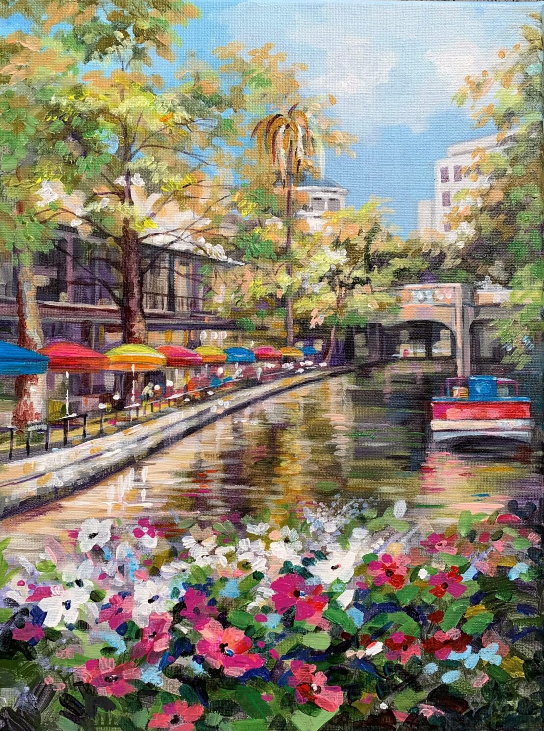 River Walk Umbrellas II - Olha Mosieieva - 16" x 12" - Oil on Canvas