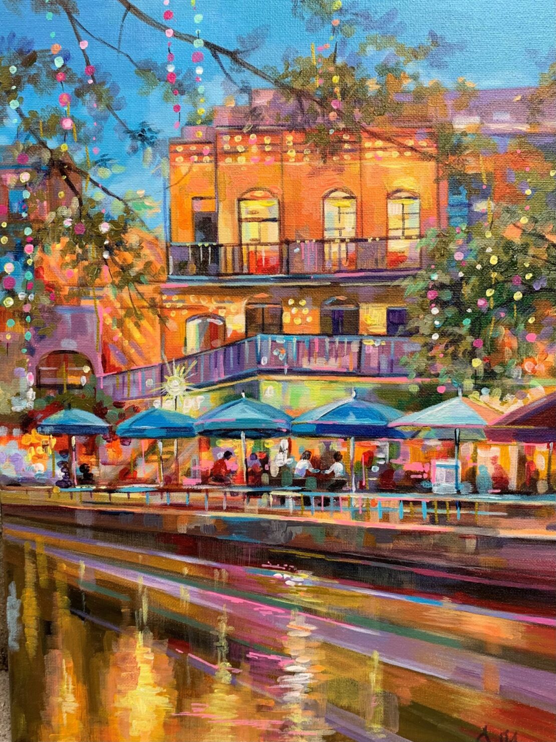 River Walk Umbrellas - Olha Mosieieva - 16" x 12" - Oil on Canvas