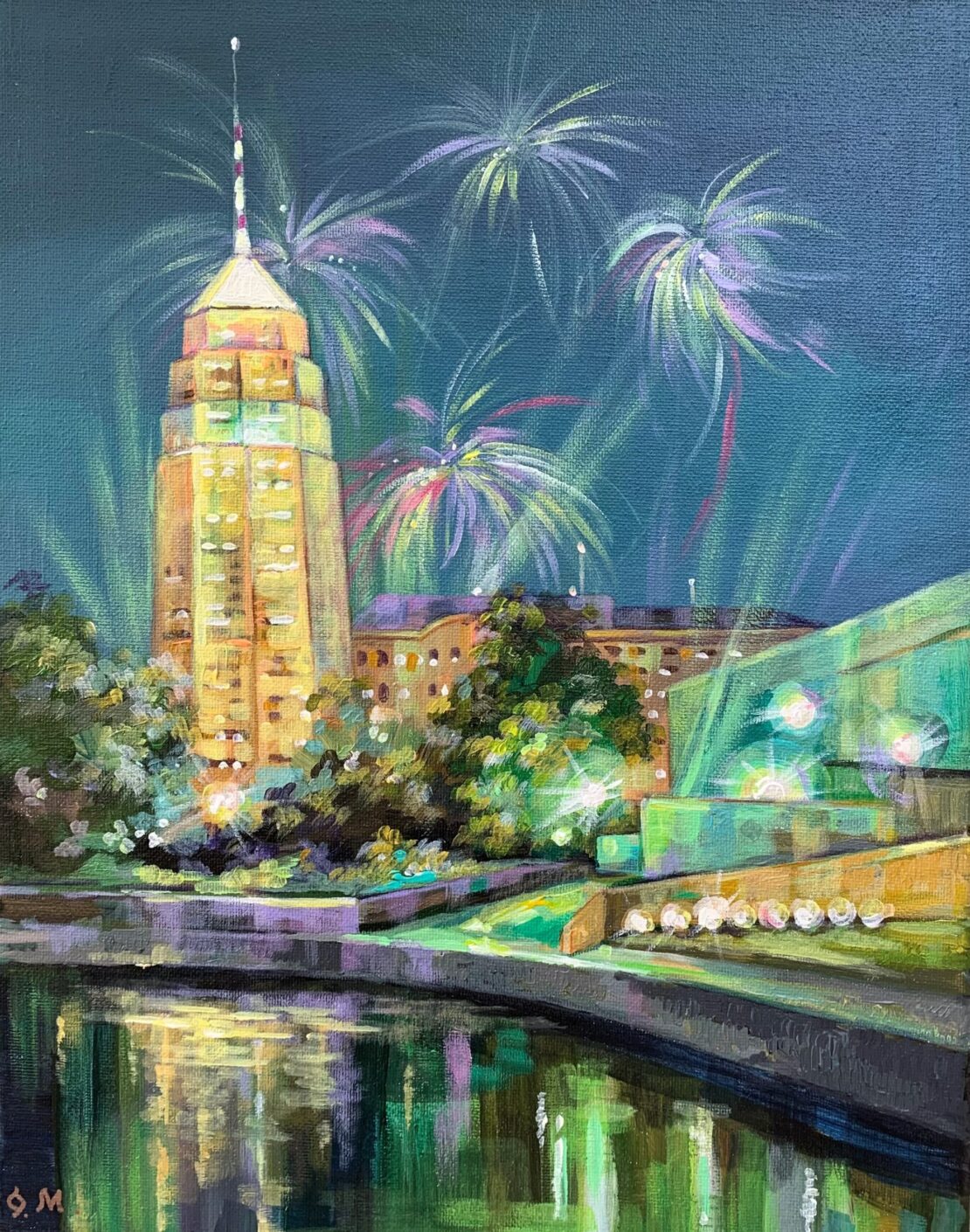 Tower Life Fireworks - Olha Mosieieva - 14" x 11" - Oil on Canvas