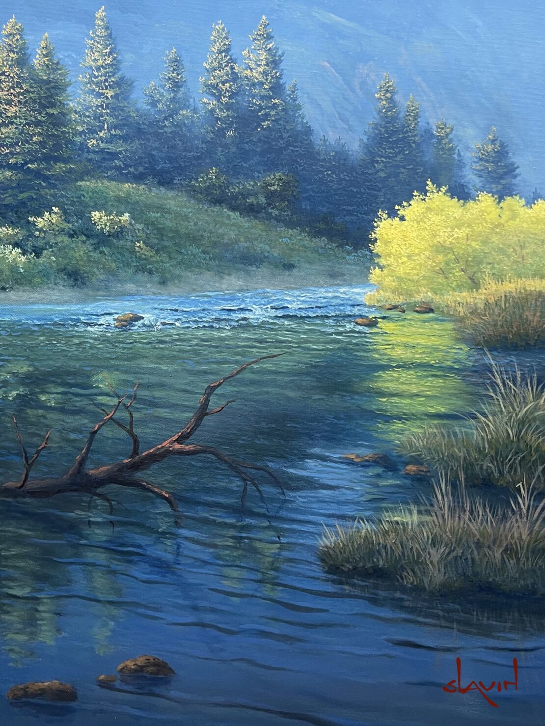 A Cool Day - Al Slavin - 11'' x 14'' - Oil on Canvas (Copy) of a river with trees in the background.