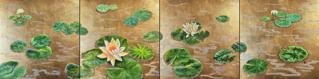 Waterlilies  -  Angeles Salinas  - 16 x 64" -  Acrylic and Metallic Foil on Wooden-Panel