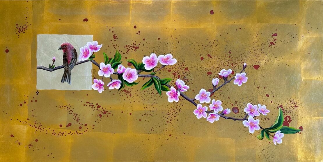 Sparrow & Blossoms  - Angeles Salinas - 20" x 40" - Acrylic on Wooden-Panel