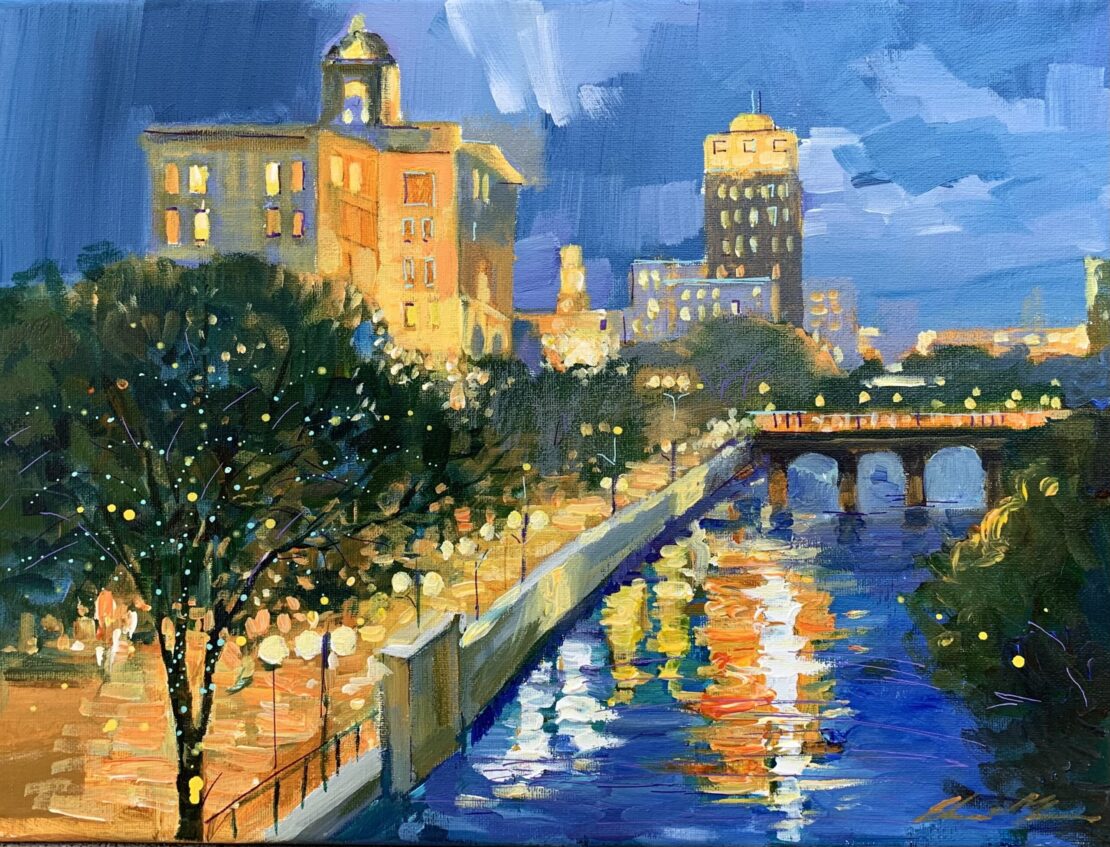 Evening Glow on the Riverwalk  -  Yevhenii Mosieiev  - 12 x 16" - Oil on Canvas