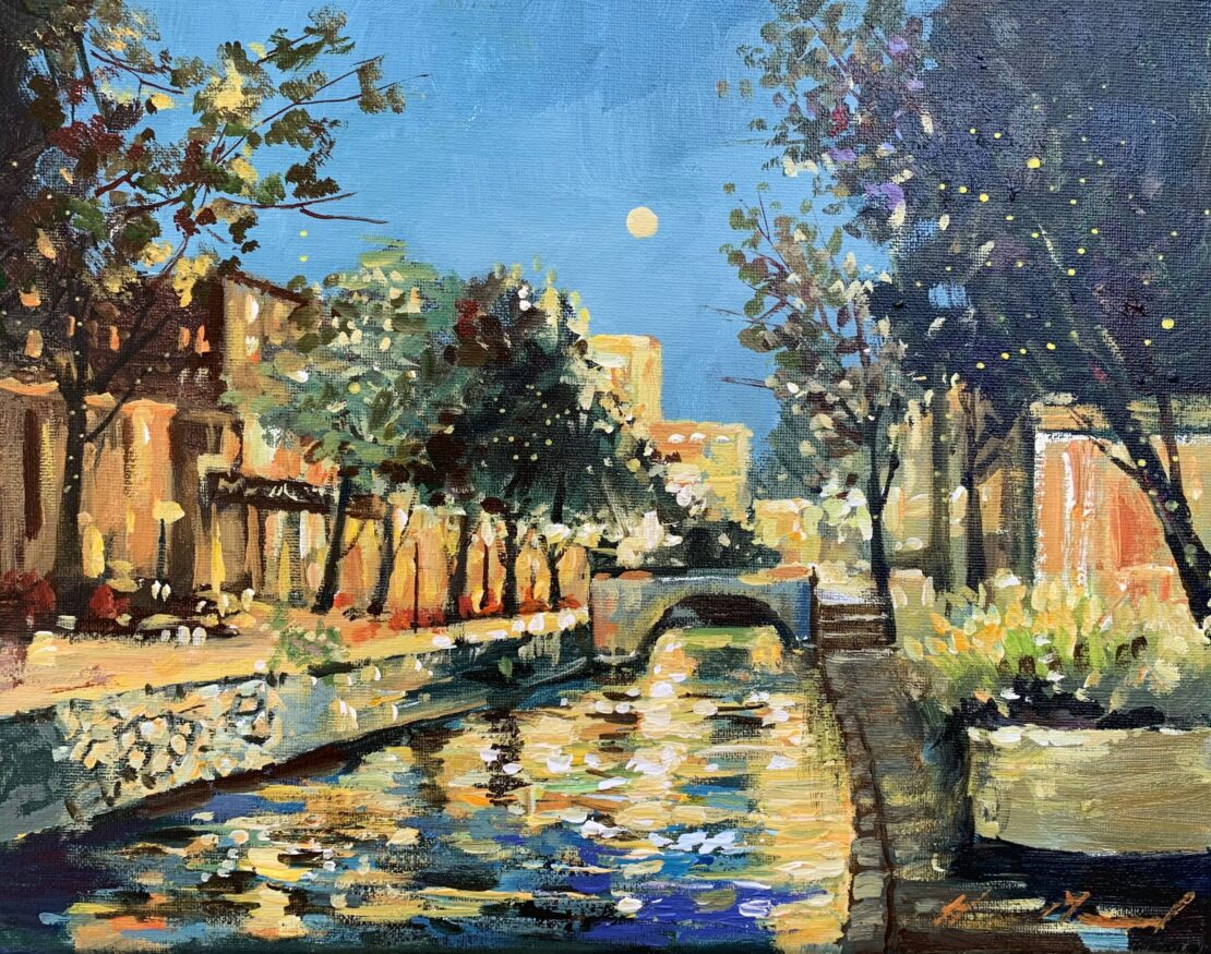 Moonlit Stroll on the Riverwalk  -  Yevhenii Mosieiev  - 11 x 14" - Oil on Canvas