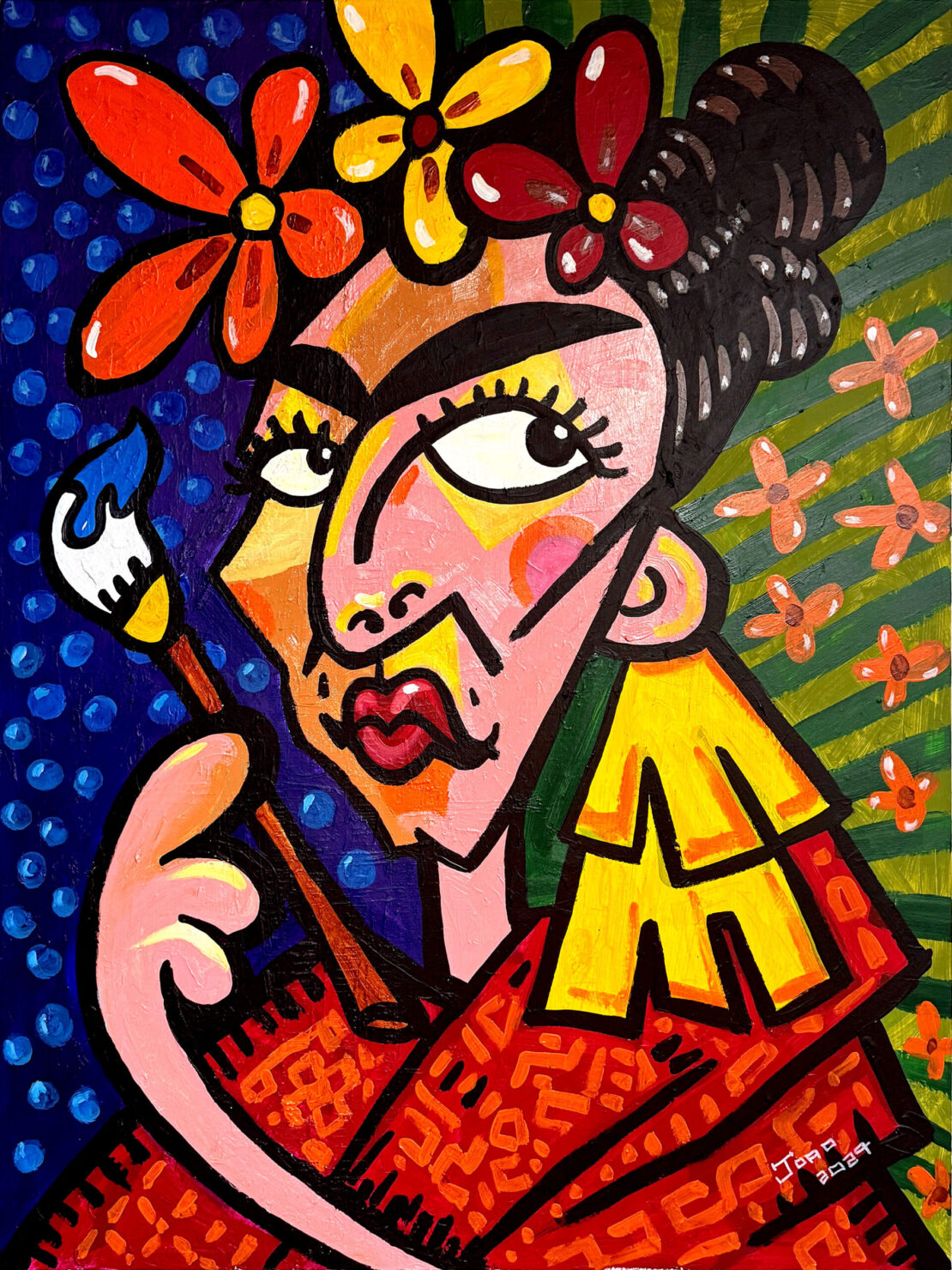 Frida and Brush  -  Joao Quiroz  - 40" x 30" - Acrylic on Canvas