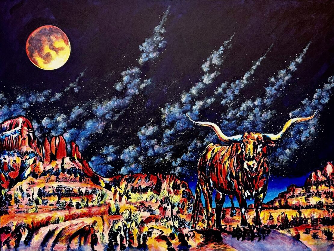 Moonlit Longhorn  -  Jose Antonio Ayala  - 36 x 48" -  Acrylic on Gallery-Wrapped Canvas